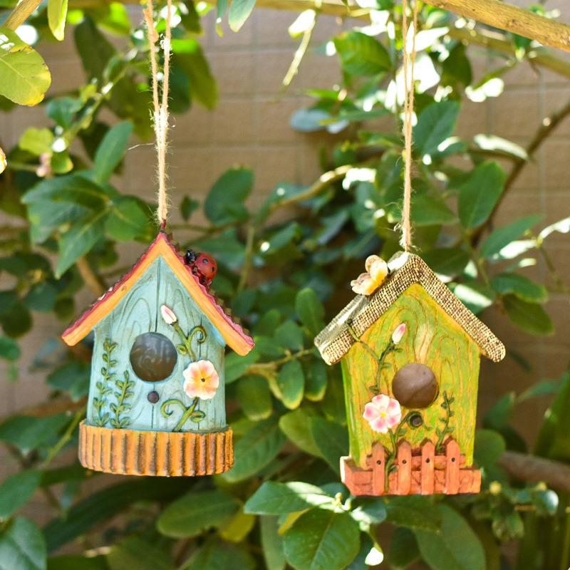 Bonsai Garden Ornaments - Rustic Resin Bird House Statue Outdoor